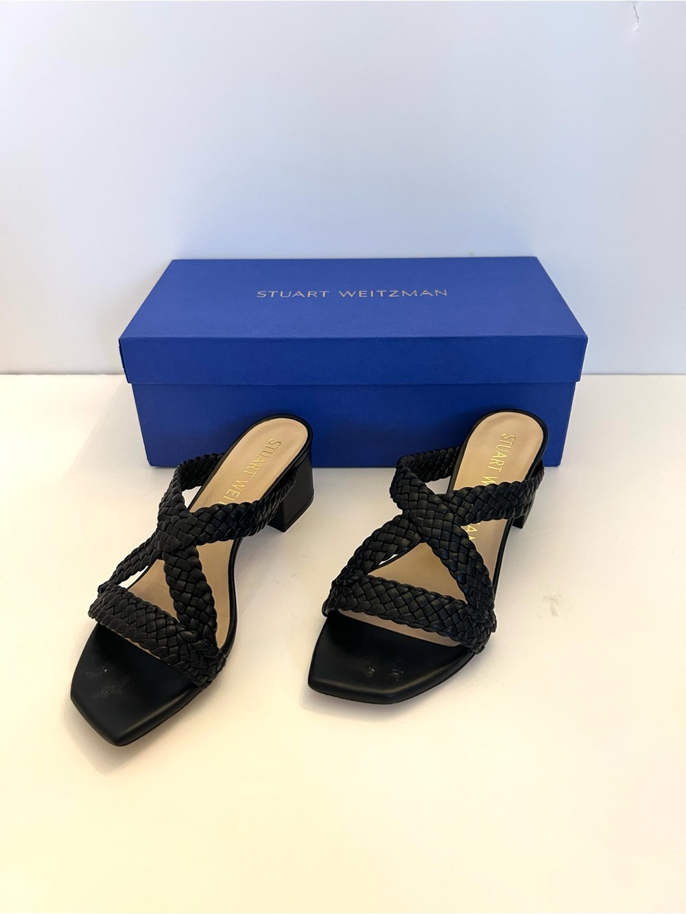 Stuart Weitzman Black Braided Leather Slide Mules